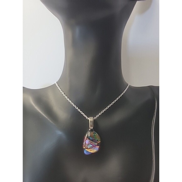 Vintage Handcrafted Dichroic Glass Pendant Necklace Iridescent Rainbow Art Glass - Picture 2 of 12